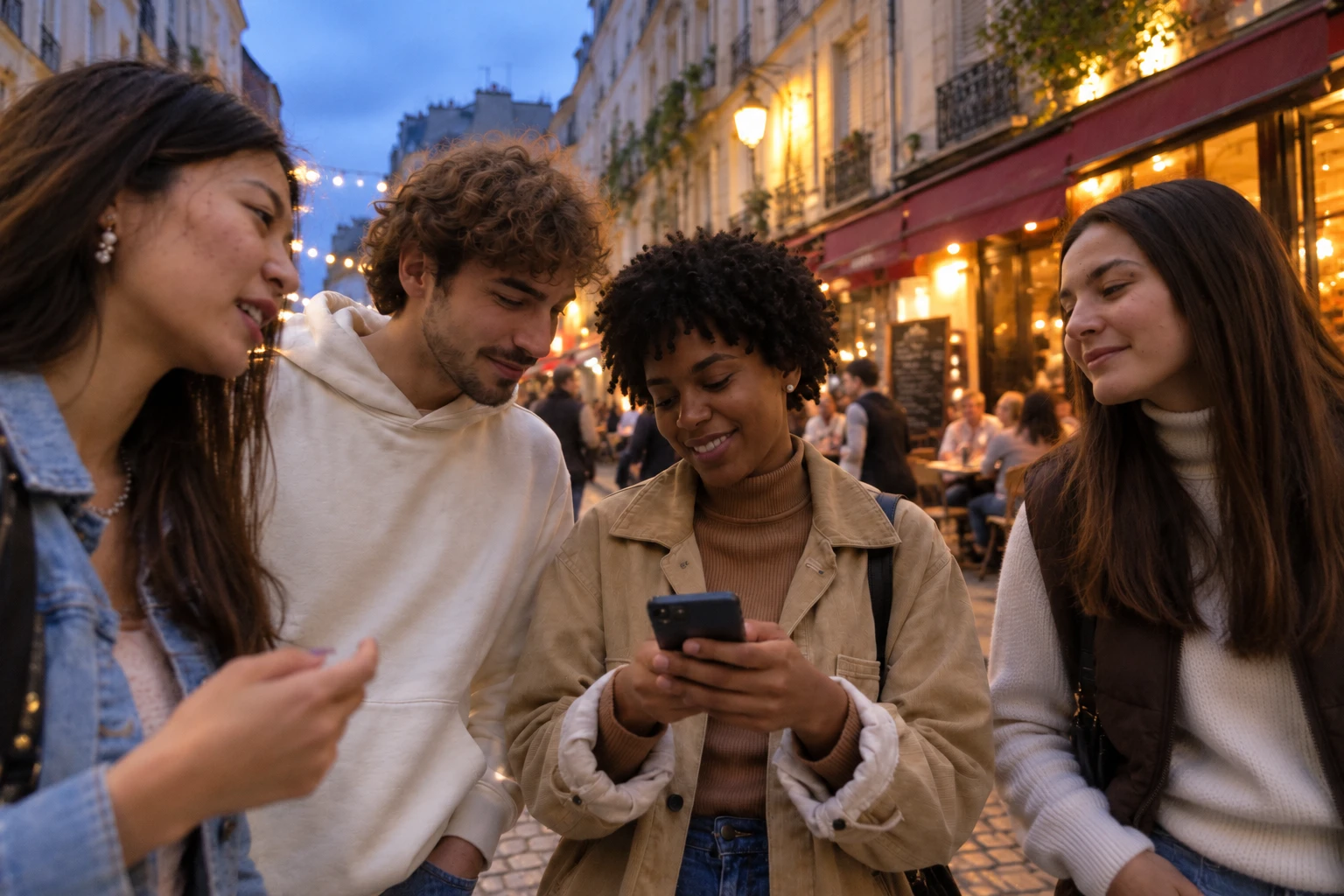 Quatre amis regardent un téléphone dans une rue animée, à la tombée de la nuit