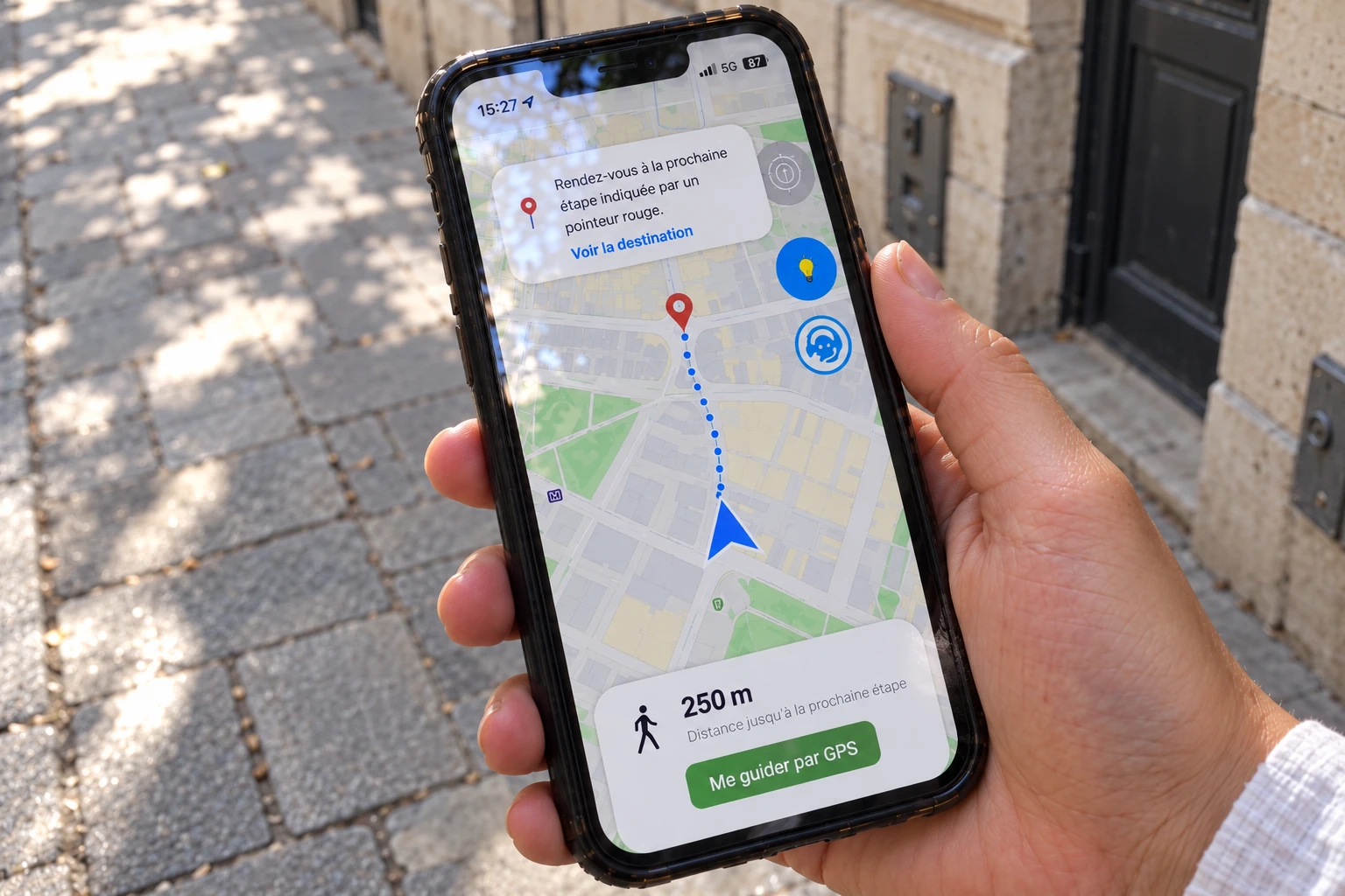 Un téléphone affiche l'écran du jeu avec l'itinéraire vers la prochaine étape, dans une rue